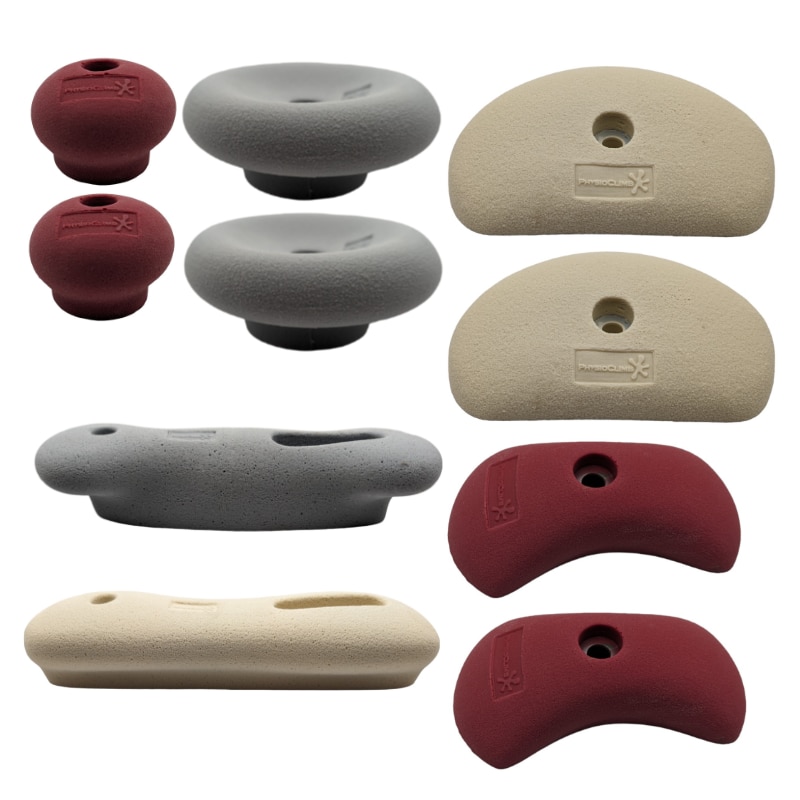 Ergonomische PhysioClimb-Therapiegriffe in Steingrau, Sandgelb und Bordeaux