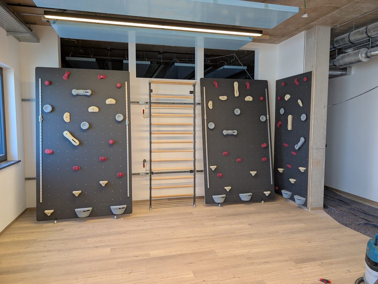 Verstellbare Kletterwand-Module in einer Praxis mit integrierter Sprossenwand